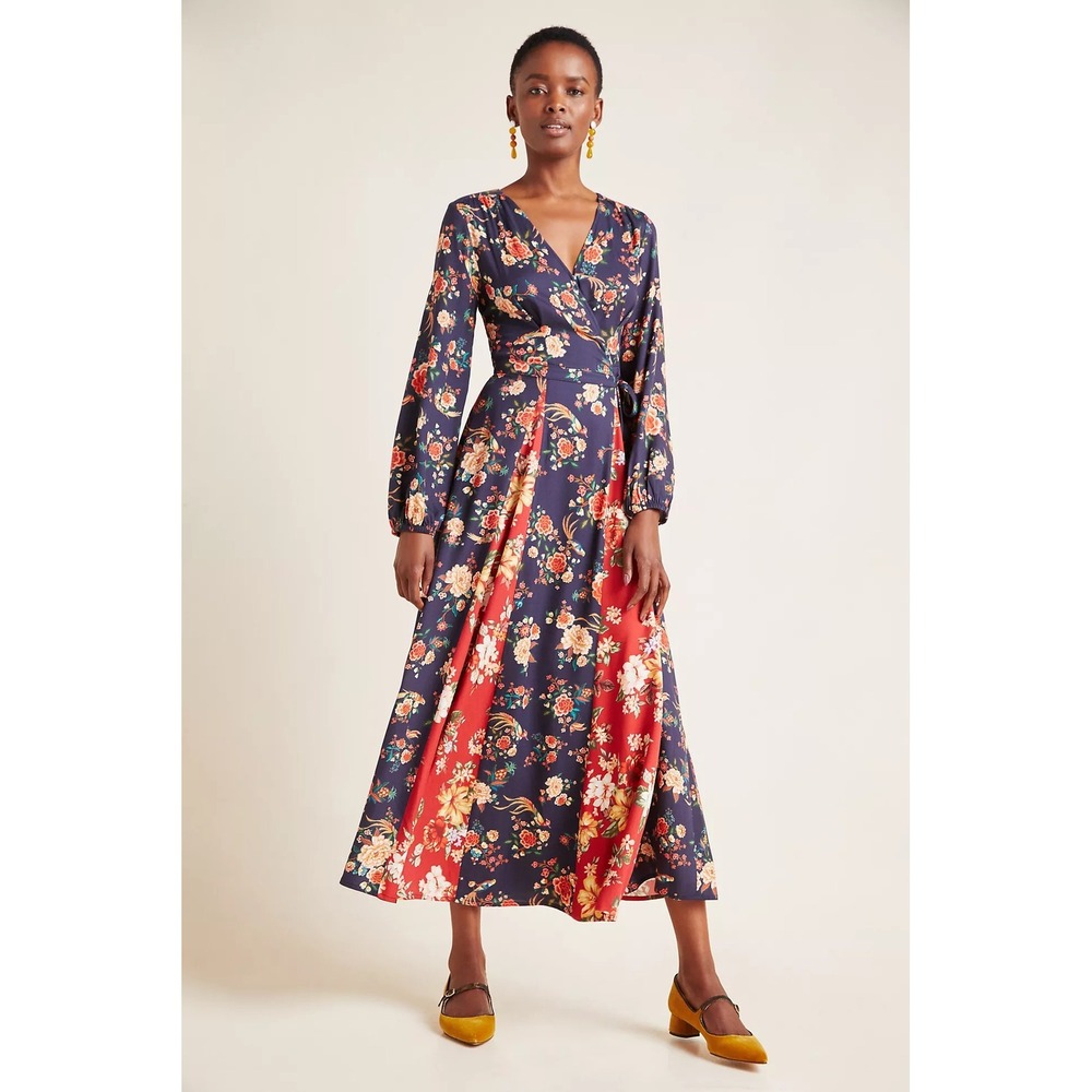 Anthropologie FARM RIO Gracia‎ Wrap Maxi Dress Floral Birds Bohemian X-Small